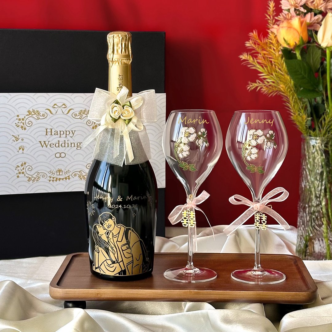 结婚周年纪念日礼物 酒瓶人像订制香槟杯姓名雕刻 情侣礼物送伴侣 - 酒类 - 玻璃 