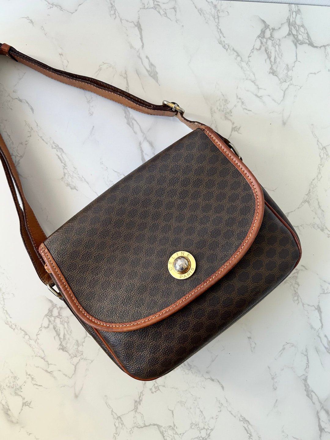 特选货品二手 Celine 星球咖啡色老花皮革豆腐包单肩侧背斜孭手袋 - 侧背包/斜挎包 - 真皮 咖啡色