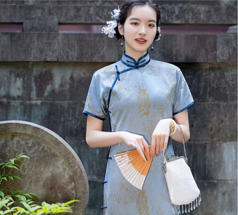 空山新雨 新中式復古 传统绝美气质修身古法旗袍 - 旗袍 - 聚酯纤维 蓝色