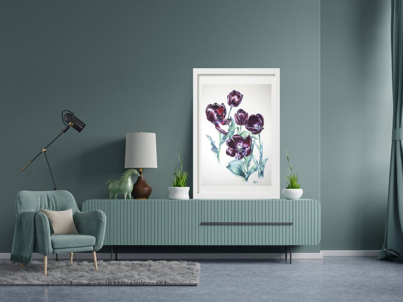 Tulip floral wall art original watercolor painting by artist Irina Zhunaeva - 海报/装饰画/版画 - 纸 紫色