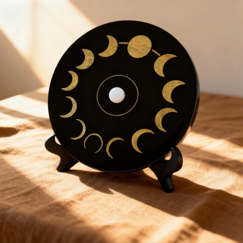 黑曜石白水晶月相能量摆件 激光雕刻手工描金圆盘家居疗愈装饰 - 摆饰 - 水晶 黑色