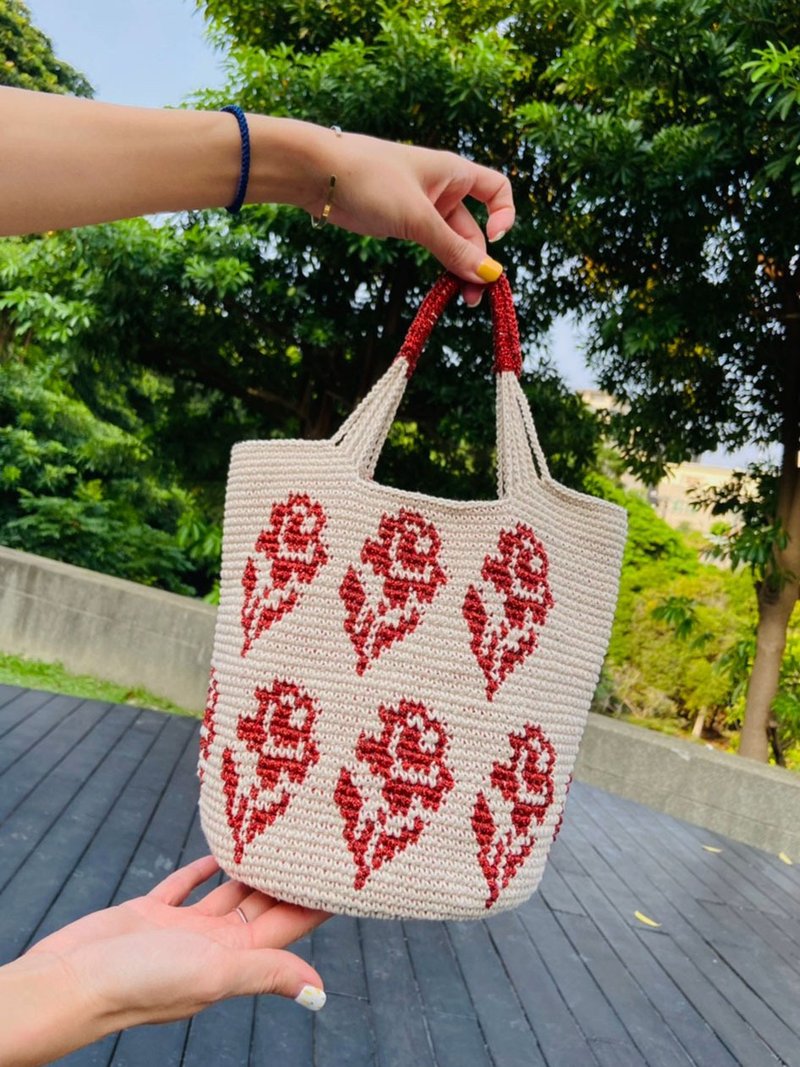 材料包 玫瑰花手提包/编织商品/编织材料包 - 编织/刺绣/羊毛毡/裁缝 - 棉．麻 多色