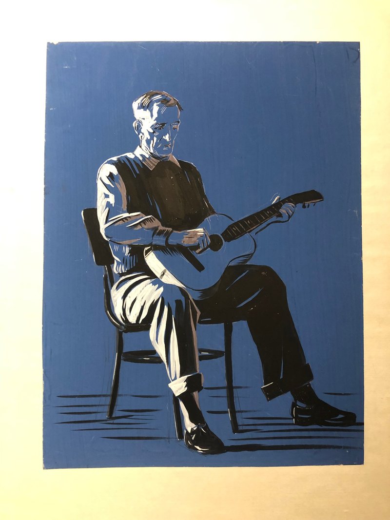 吉他手 写实风格油画 纸上水粉画 1970 年代 - 海报/装饰画/版画 - 纸 