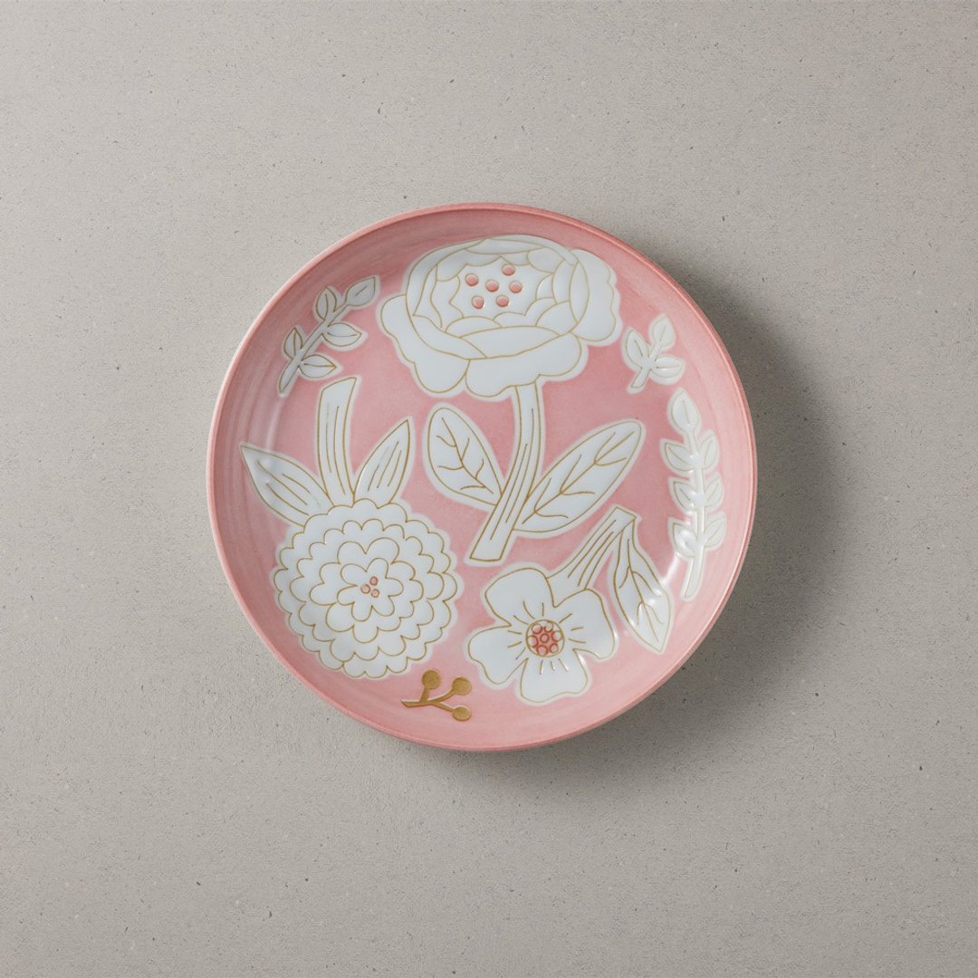 【福袋】日本美浓烧 - 粉染花朵盘 - 粉色 (19.5cm) - 盘子/餐盘/盘架 - 瓷 粉红色