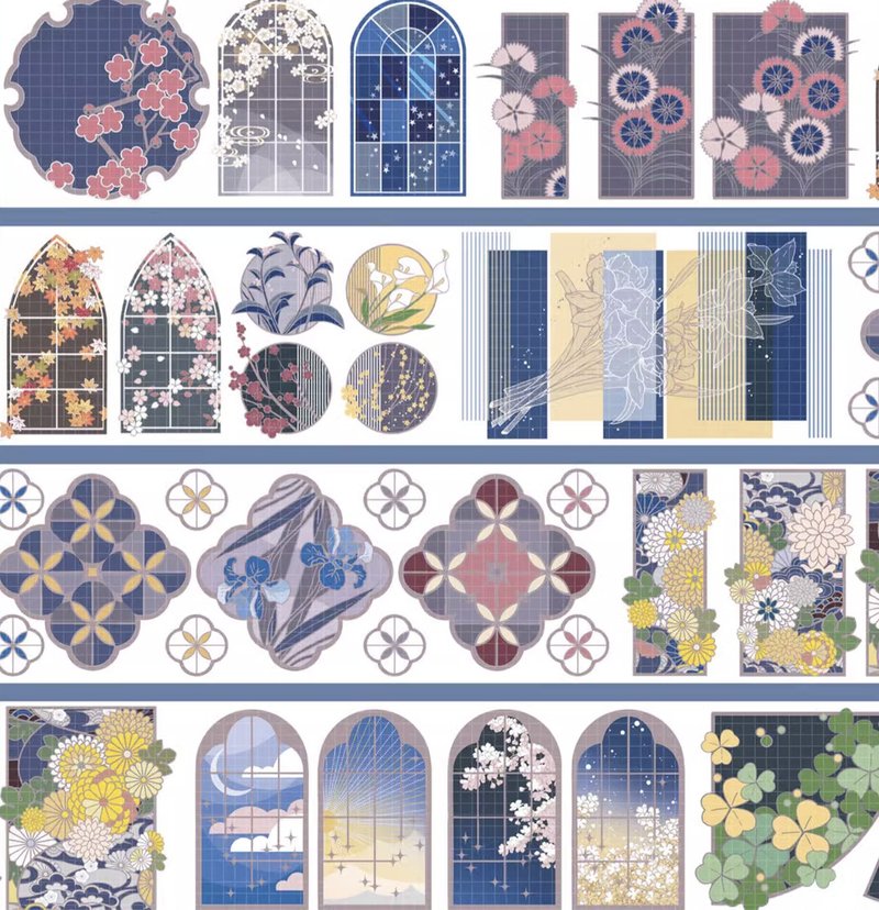 四季的窗外 古典日式造景 PET 紙膠帶 鐳射銀 台灣製 10米卷 - 纸胶带 - 其他材质 多色