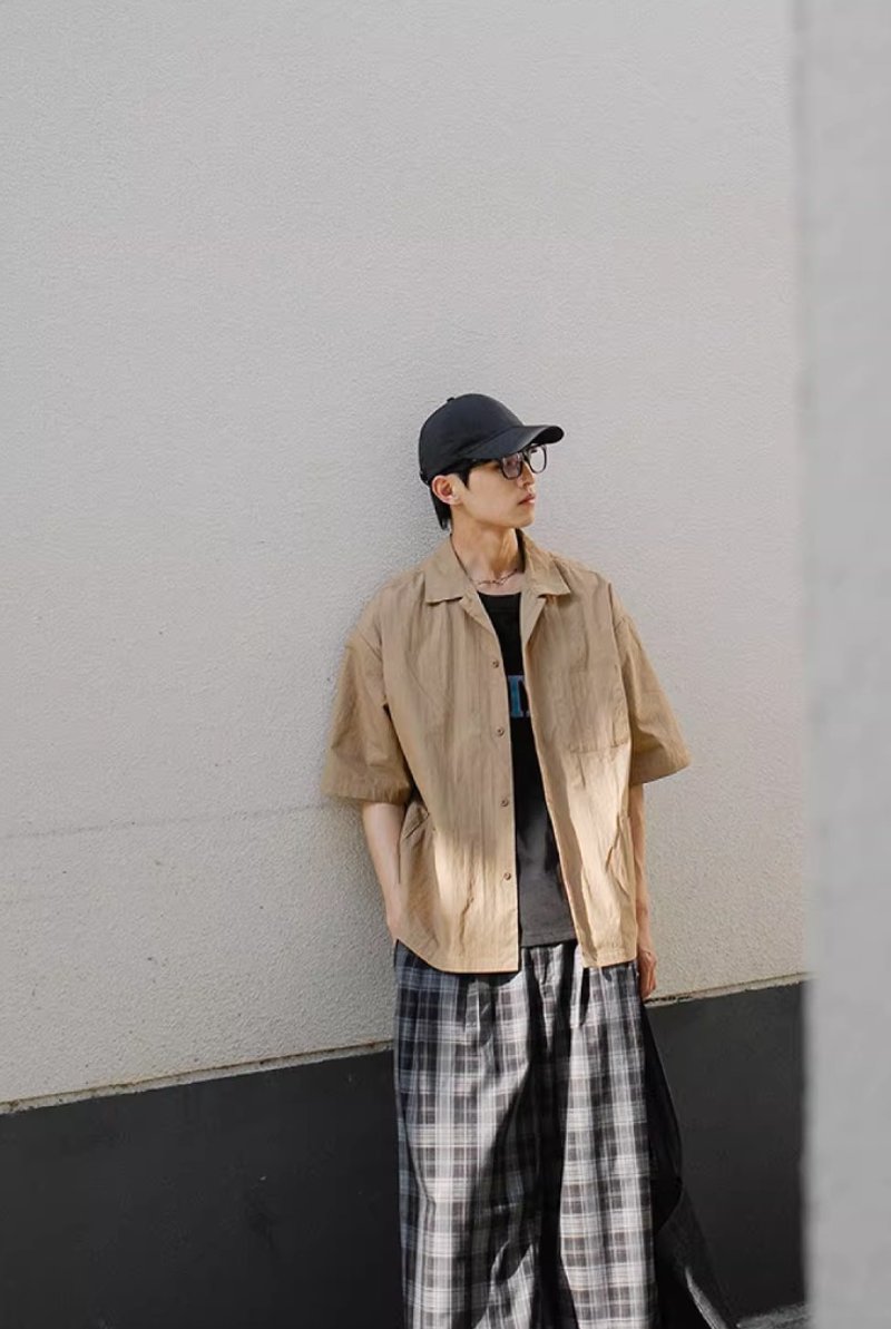在路上 日系复古巴领短袖衬衫 - 男装衬衫 - 其他材质 咖啡色