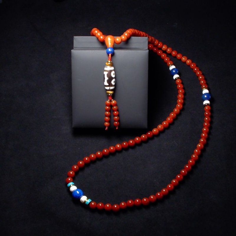 108颗南红玛瑙念珠搭配金刚三眼天珠与青金石佛珠 打开修行之路 - 手链/手环 - 半宝石 