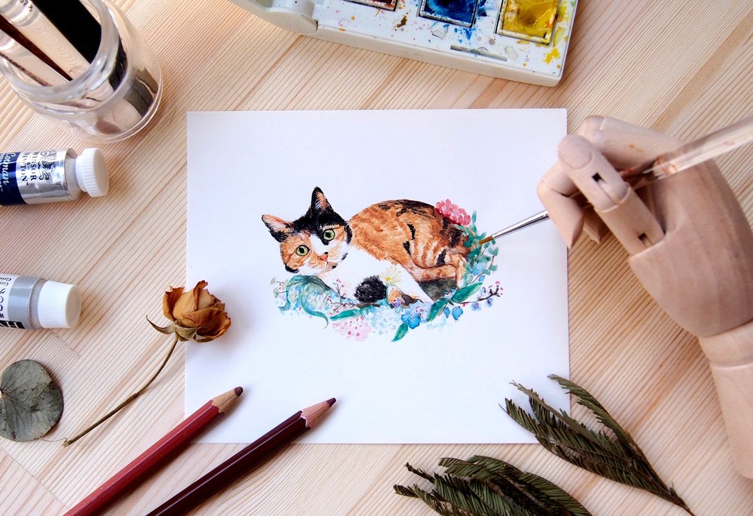 定制化 宠物 花卉 手绘 水彩 插画 - A5尺寸 全身含框 - 订制画像 - 纸 白色