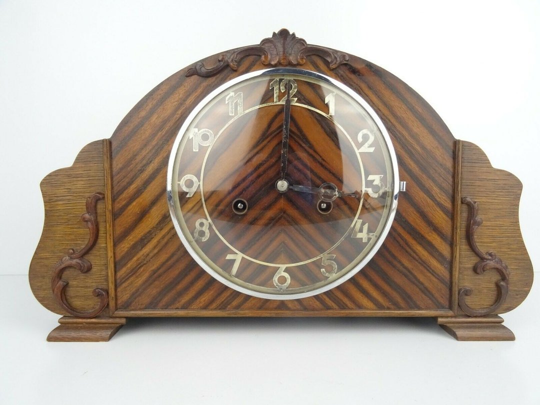 German Mantel Bracket Clock Coromandel 1935 Junghans Chrome 8 day WW2 era - 时钟/闹钟 - 木头 咖啡色
