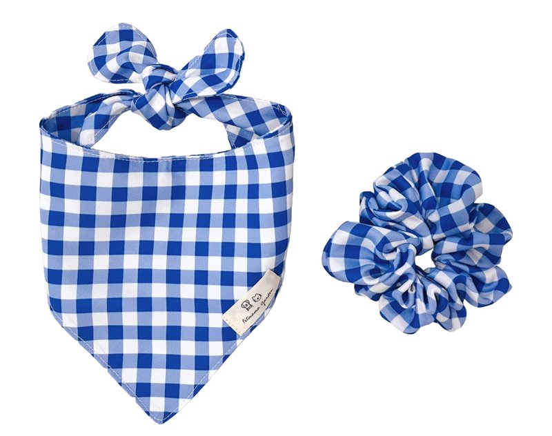 宠物围巾 宠物亲子装 宠物妈妈发圈 狗猫三角巾  经典蓝色格子 - 衣/帽 - 棉．麻 