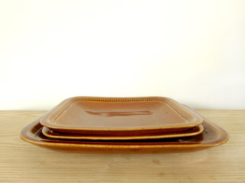 老HOGANAS瑞典釉黄方盘2件组 - 浅碟/小碟子 - 石头 橘色