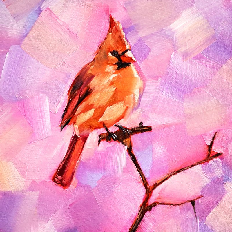 Red Cardinal Painting Bird Original Art Animal Oil Painting Cardinal Wall Art - 海报/装饰画/版画 - 其他材质 多色