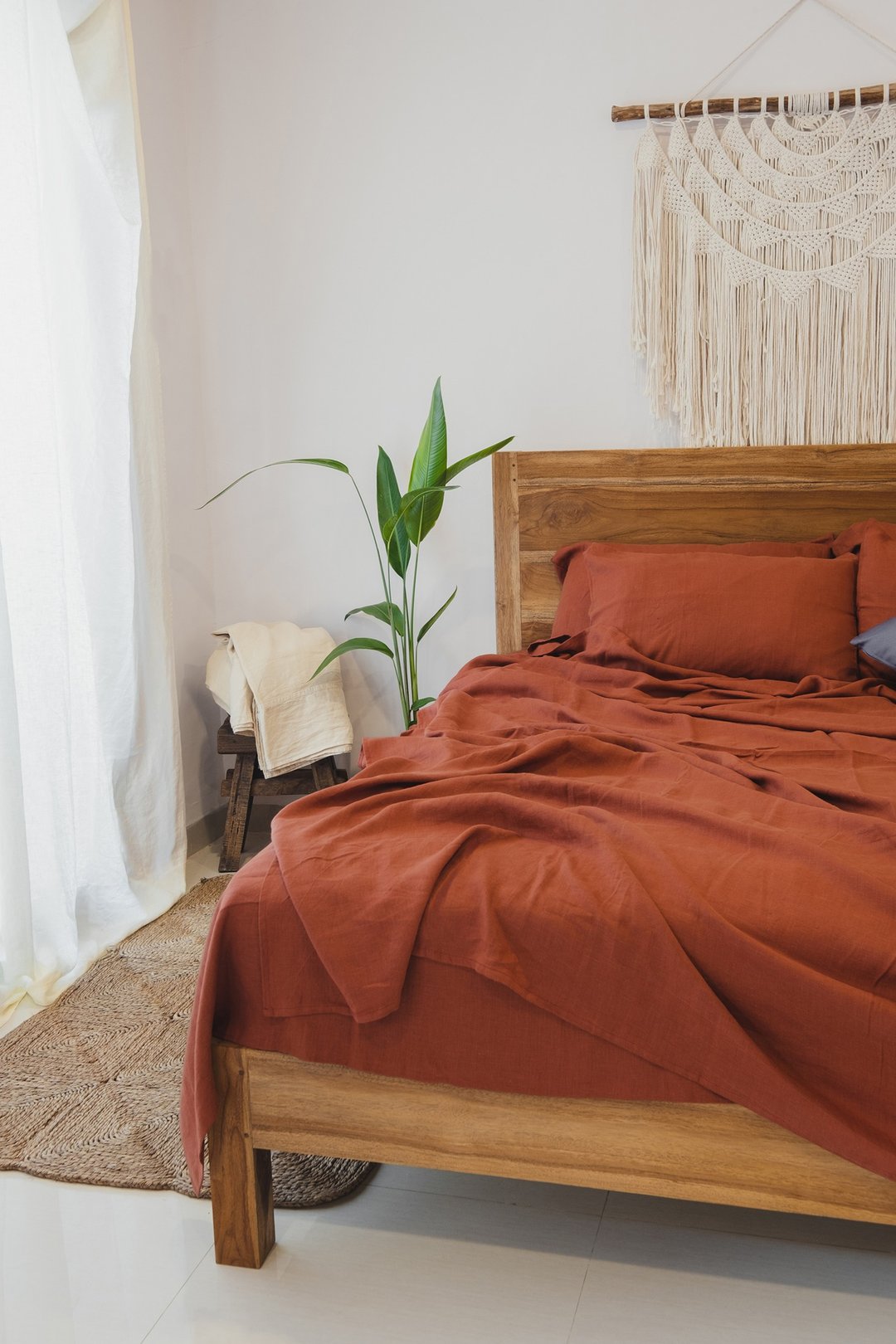 Redwood linen sheet set / Flat+fitted sheet+2 pillowcases / Red bedding - 寝具 - 亚麻 红色