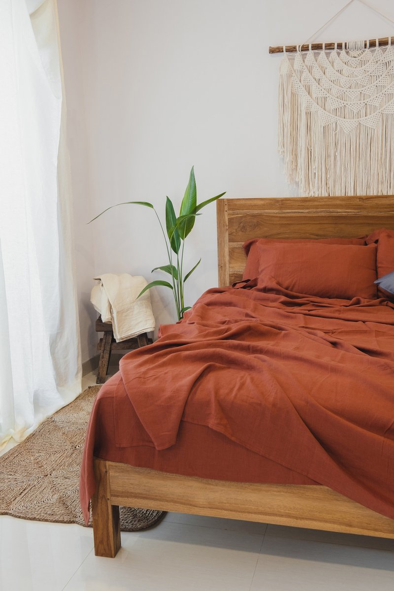 Redwood linen sheet set / Flat+fitted sheet+2 pillowcases / Red bedding - 寝具 - 亚麻 红色