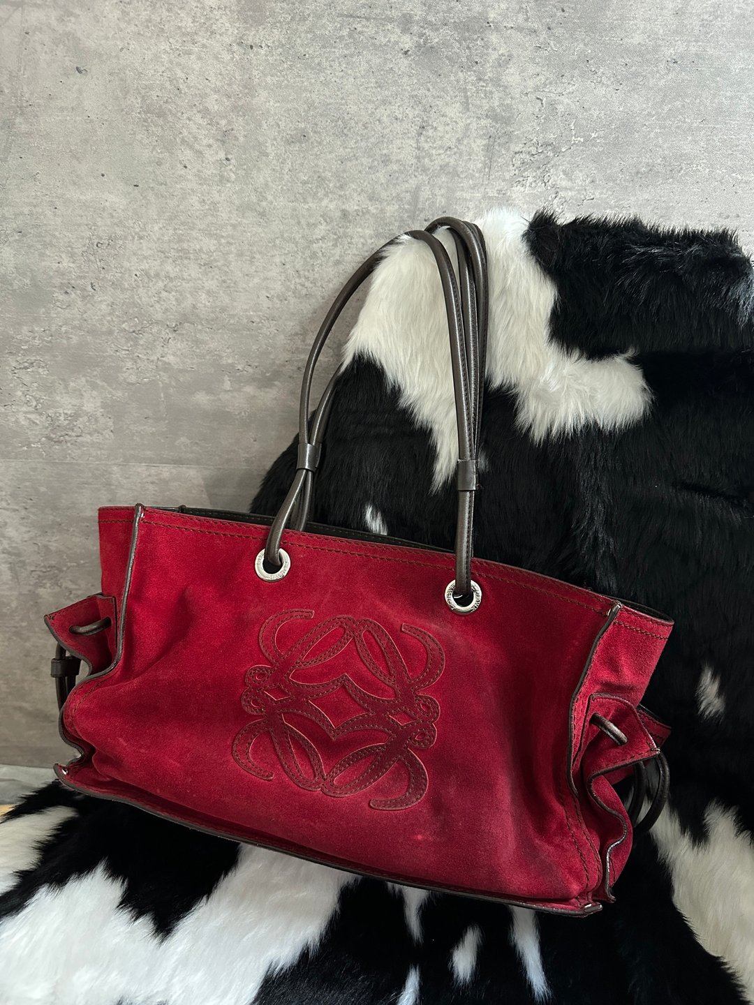 中古包 LOEWE 罗意威 红色麂皮牛皮拼接托特包 - 手提包/手提袋 - 真皮 红色