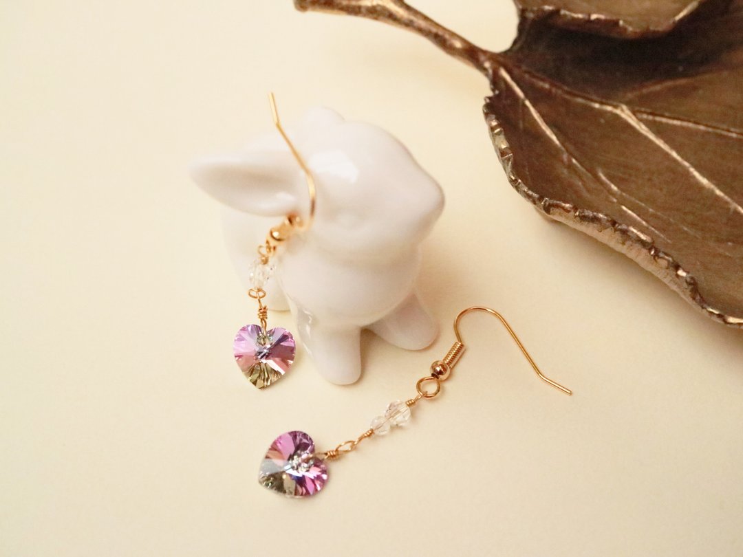 Twilight Dream Earrings Heart Austria Crystal Glass Fine Vitrale Light Purple Purple Pink Illusion Rainbow Magic Hour Rainbow - 耳环/耳夹 - 玻璃 多色