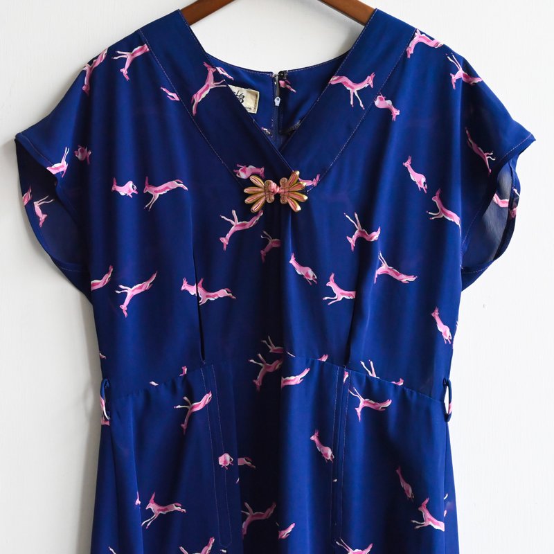 【蛋植物古着】鹿影中式风格盘扣古着洋装 - 洋装/连衣裙 - 其他人造纤维 蓝色