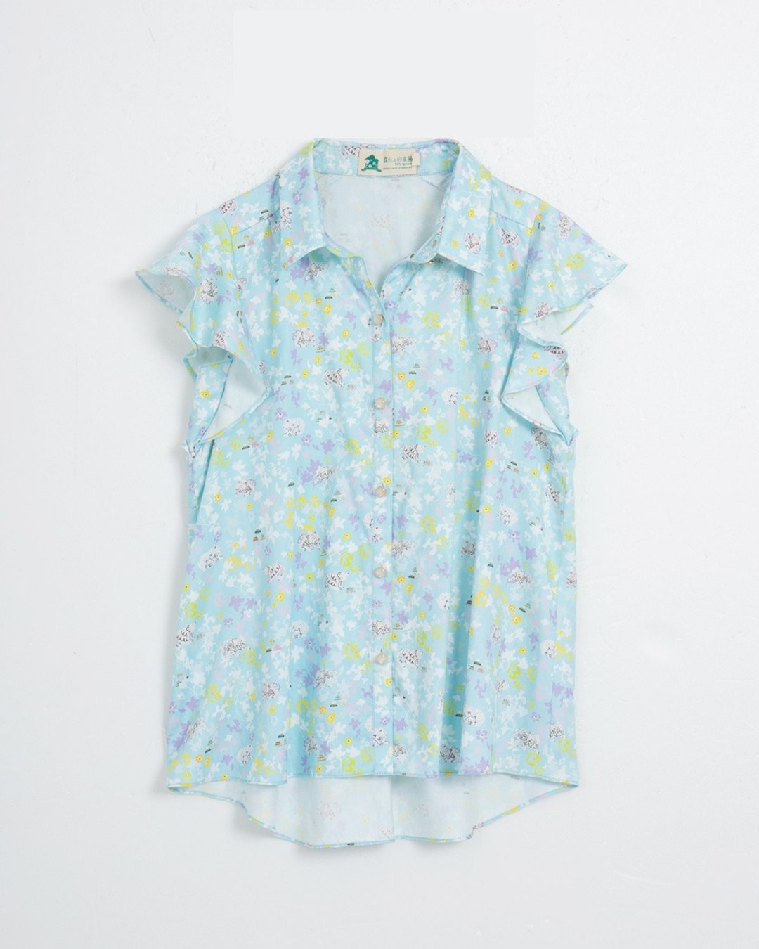 【波丽印花】夏天少女 荷叶袖上衣 休闲衬衫 北海道合谷色 - 女装衬衫 - 棉 蓝色