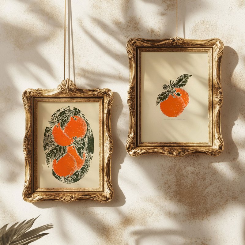 复古橙色水果亚麻油毡版画画廊墙面 2 件套艺术品装饰艺术 - 墙贴/壁贴 - 纸 绿色