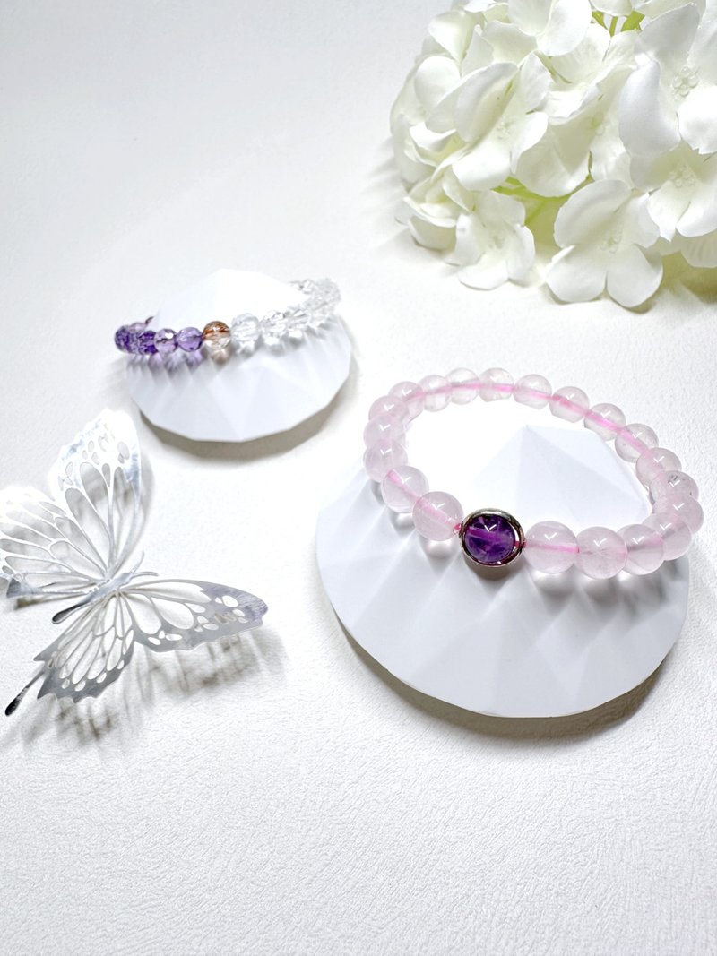 粉晶 Rose Quartz + 紫水晶 Amethyst 银扣手链 - 手链/手环 - 水晶 