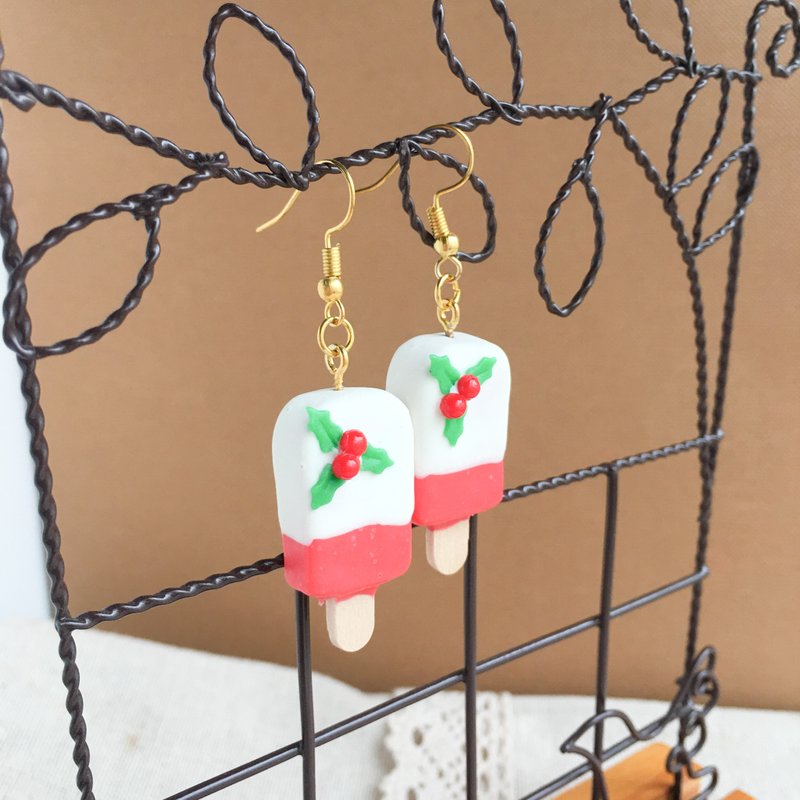 雪糕--圣诞果 冰棒 耳环 单支 甜点饰品 圣诞节 交换礼物 - 耳环/耳夹 - 粘土 红色