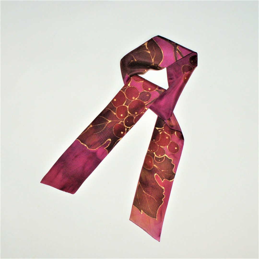 Burgundy silk scarf Skinny silk scarf Small silk scarf for neck hand painted - 丝巾 - 丝．绢 红色