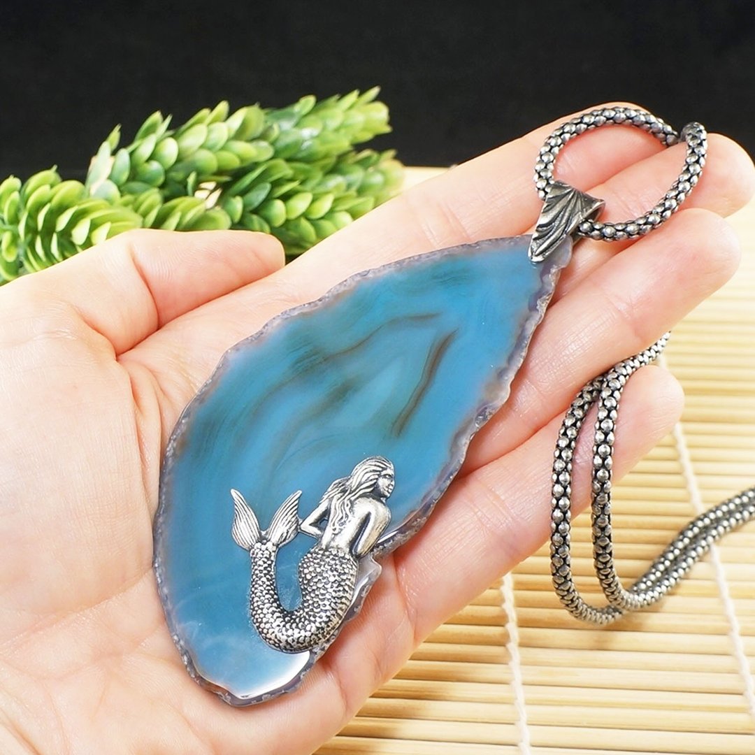 银色美人鱼项链 天蓝玛瑙切片 大坠饰项链 珠宝 - 项链 - 半宝石 蓝色