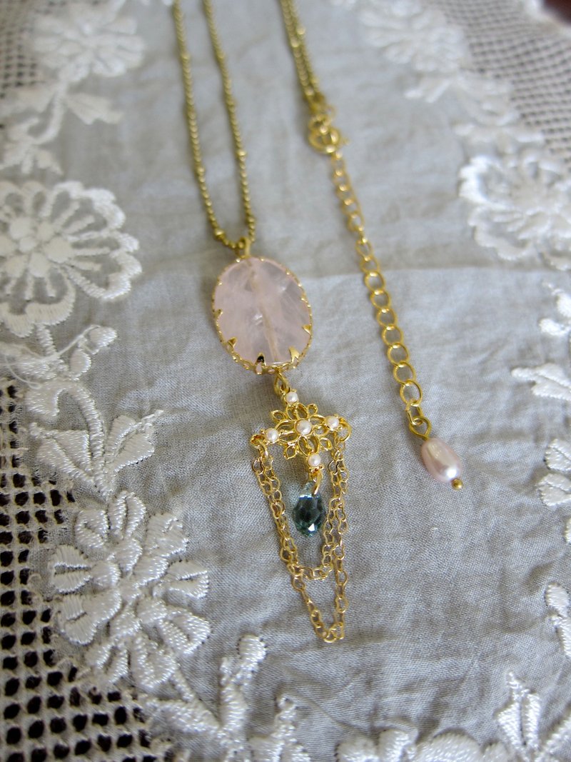 Minertés+儒雅浪漫粉晶、珍珠、黄铜项链+ - 项链 - 水晶 粉红色