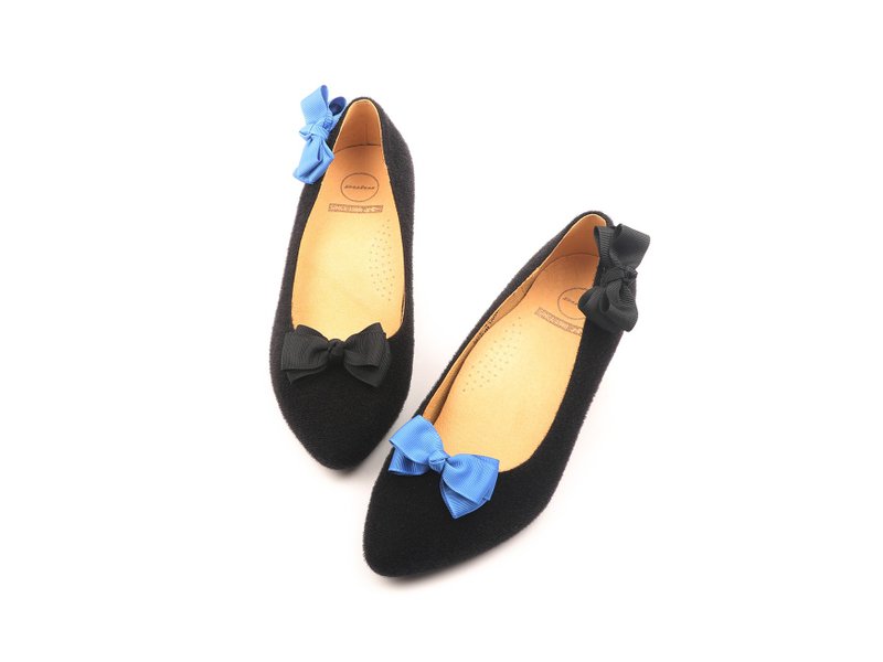 MIT【 巧致 蝴蝶结魔鬼毡跟鞋-黑/浅蓝】自由黏贴 多变趣味 - 高跟鞋 - 其他人造纤维 黑色