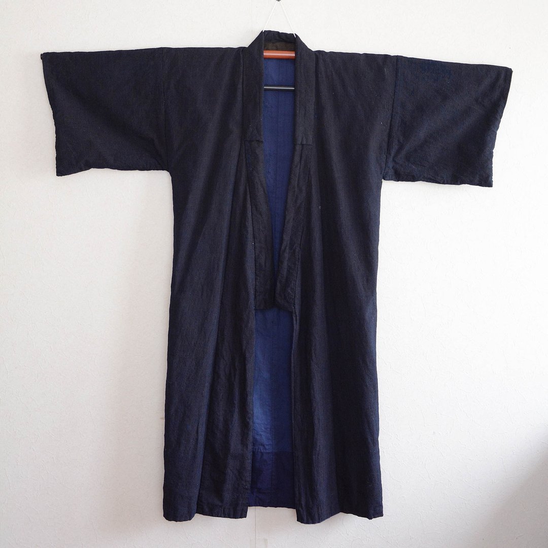 和服 靛蓝染色 条纹图案 疯狂图案 拼布 日本复古 旧衣服 棉质 旧 - 女装西装外套/风衣 - 棉 蓝色