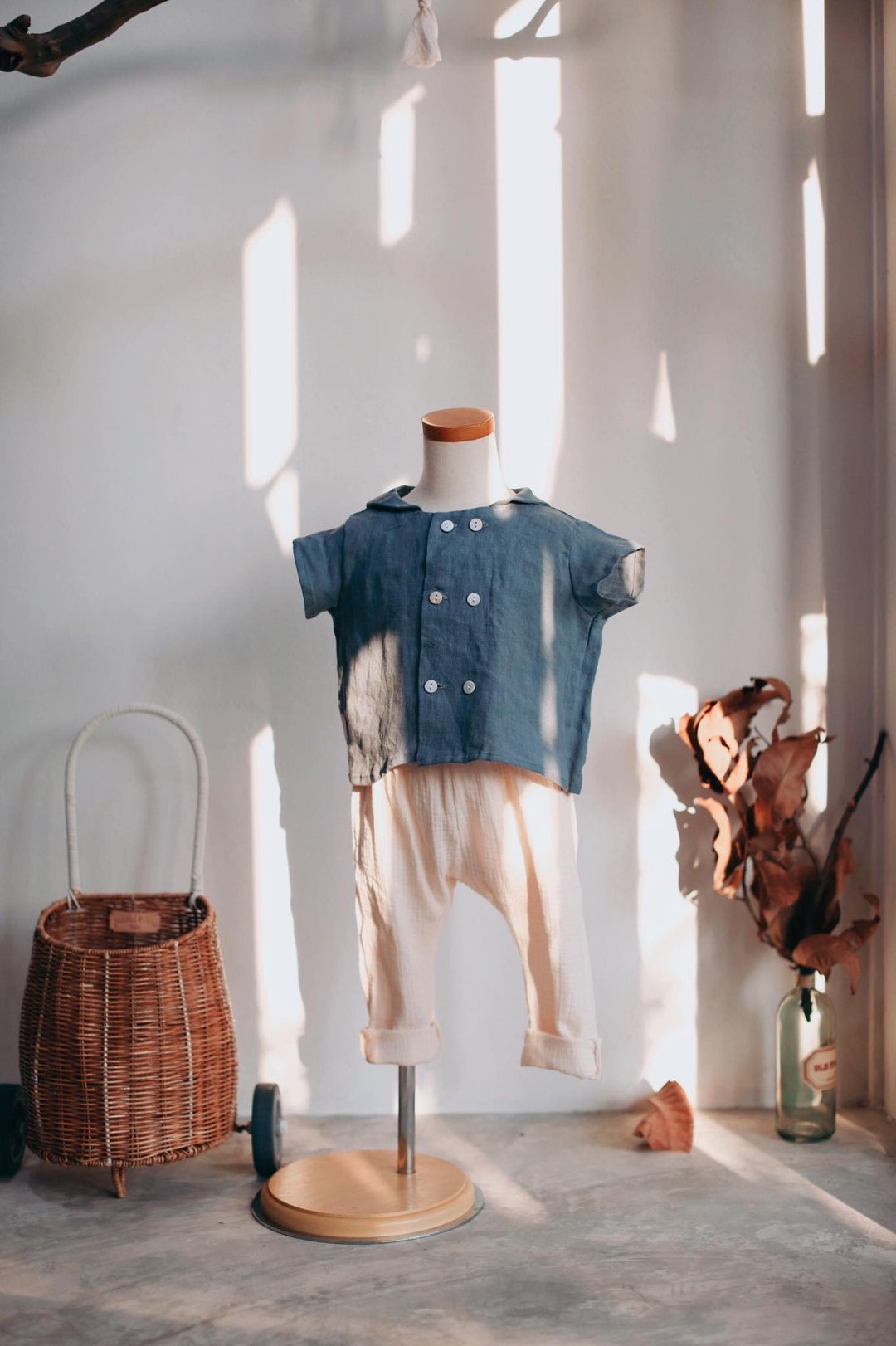 【Off-season sale】Sailor collar shirt, pants, 100% Linen, dark blue - 童装礼服/连衣裙 - 棉．麻 蓝色