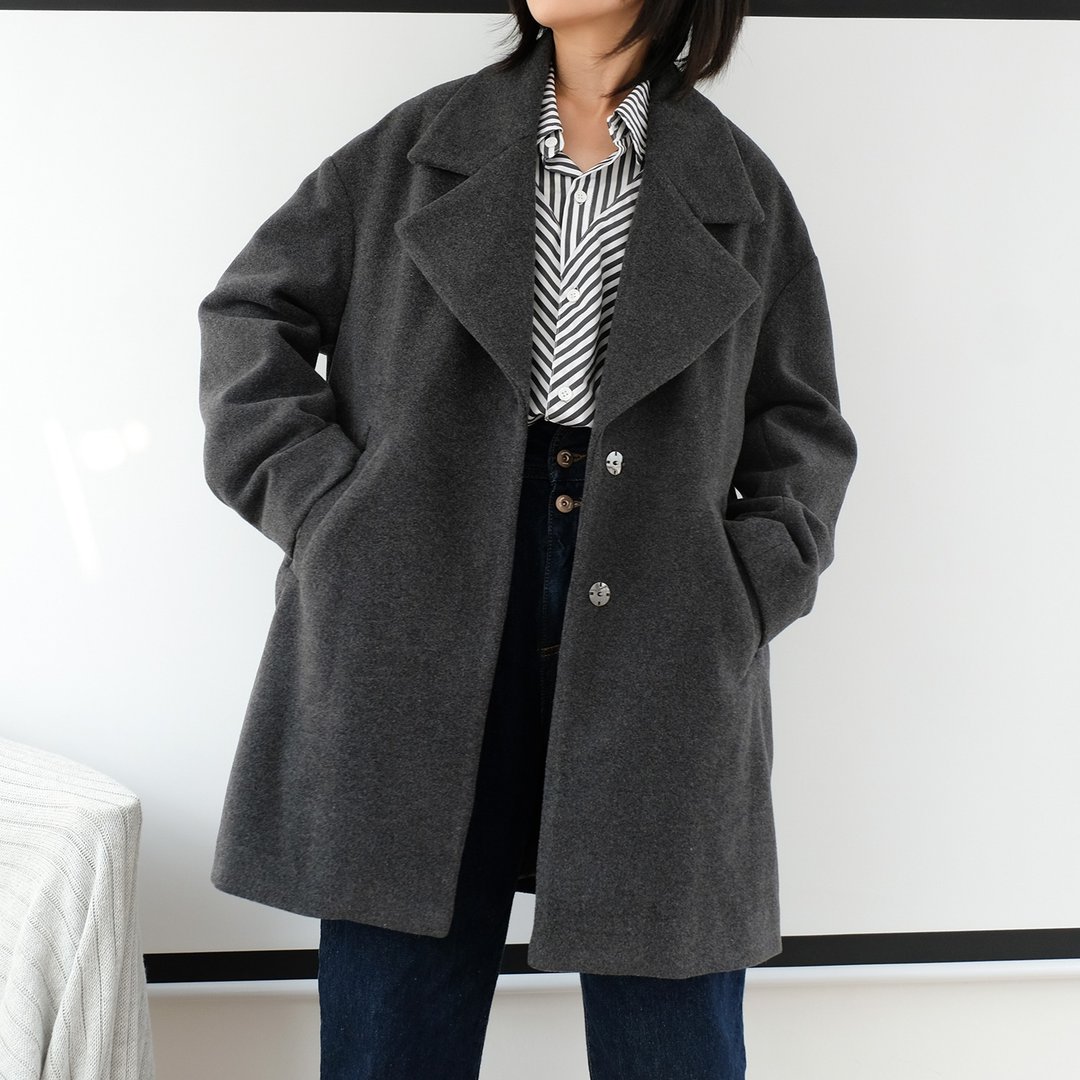 羊毛呢女士外套宽松休闲西装大翻领中长款深灰秋冬简约百搭大衣 - 女装休闲/机能外套 - 羊毛 灰色