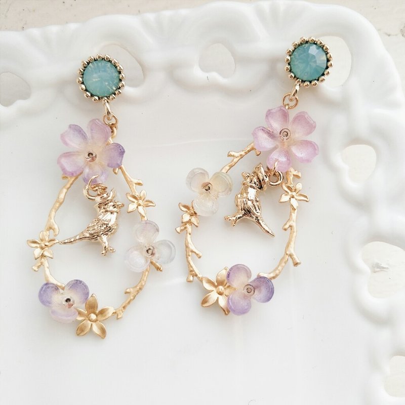 momolico 耳环 小鸟花圈 可改夹式 - 耳环/耳夹 - 其他材质 绿色