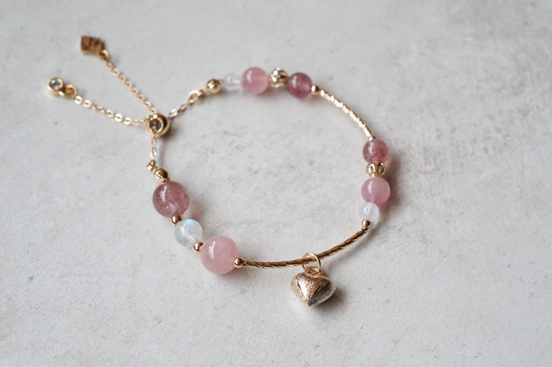 小情歌 - 14K包金 草莓晶/粉晶/月光石 不对称手环 - 手链/手环 - 半宝石 粉红色