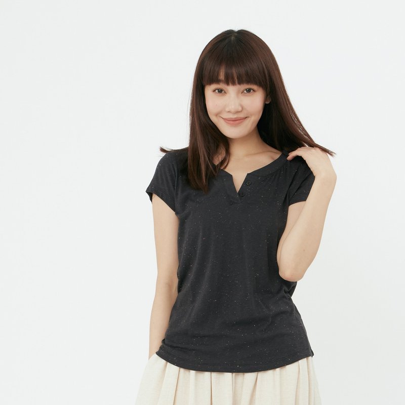 星彩棉小开襟双扣T恤上衣黑 - 女装 T 恤 - 棉．麻 黑色