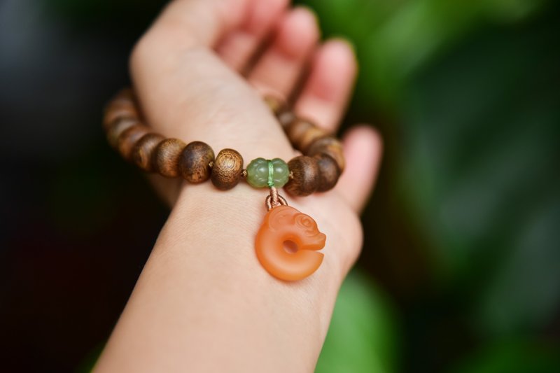 【古忆】天然大颗粒沉香算盘珠和田玉缅黄玉猪龙古雅寓意手串手链 - 手链/手环 - 木头 咖啡色