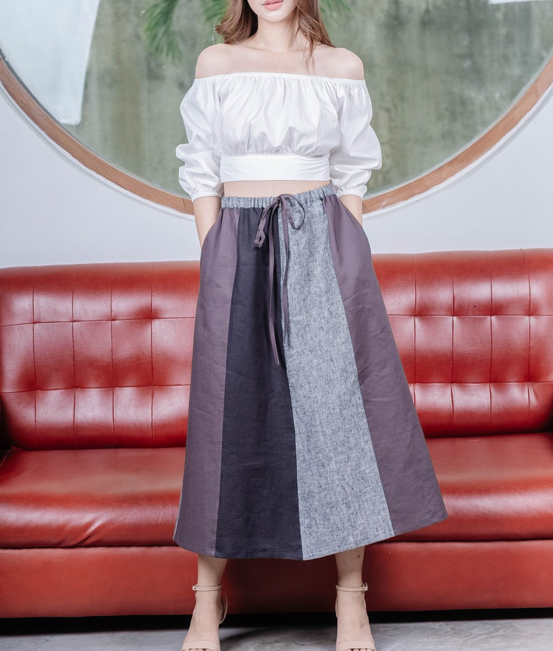 Natural Linen Long Skirts with Patchwork Detail - Dark Grey/Dark Brown/Purple - 裙子 - 亚麻 多色