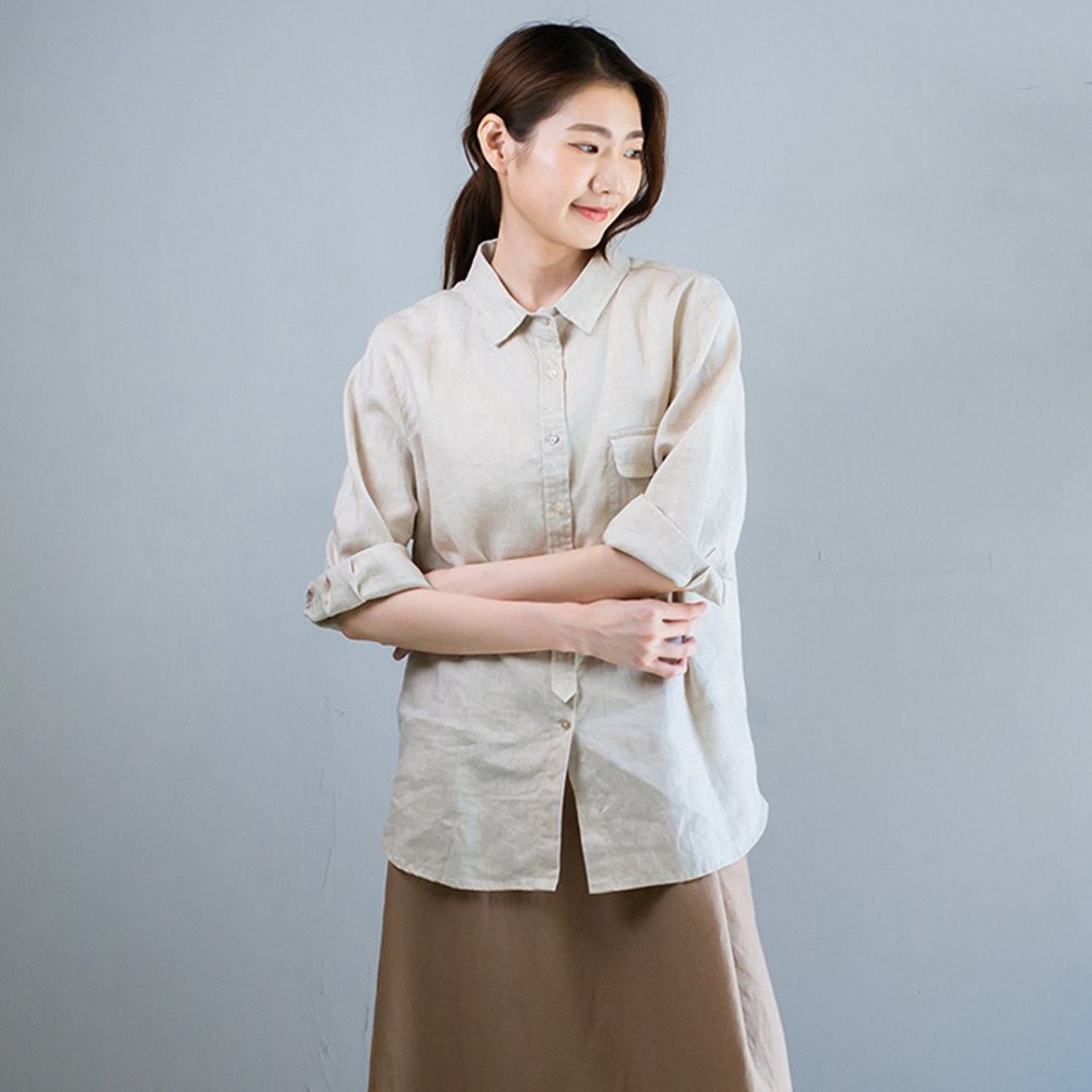纯色口袋亚麻衬衫 卡其 F - 女装衬衫 - 棉．麻 卡其色