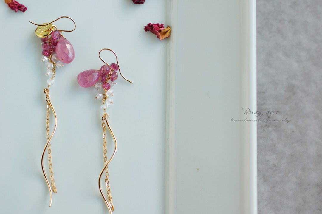 14kgf-Pink Sapphire earrings - 耳环/耳夹 - 半宝石 粉红色