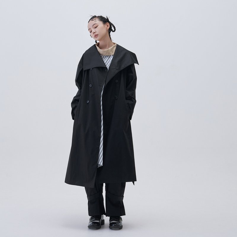 大翻领长版风衣外套 - 女装休闲/机能外套 - 棉 黑色