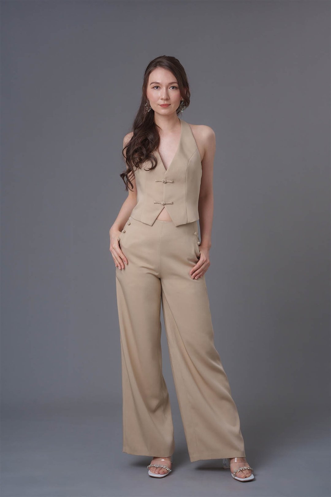 挂脖背心阔腿长裤套装 (卡其色) - 晚装/礼服 - 棉 卡其色