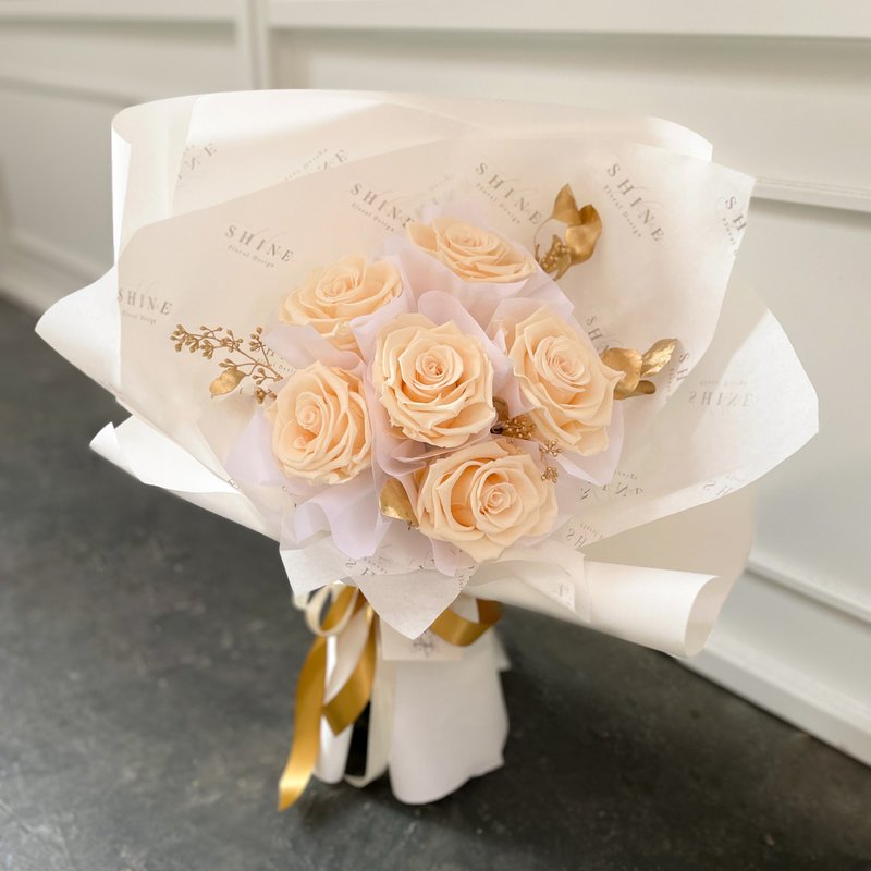 香槟金 六朵玫瑰永生花束 - 干燥花/捧花 - 植物．花 橘色