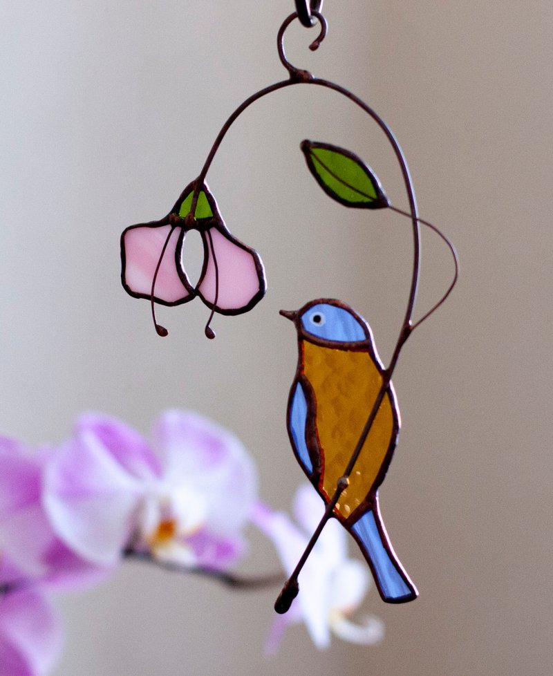 粉红色花朵上的彩色玻璃鸟夜莺 - 墙贴/壁贴 - 玻璃 粉红色