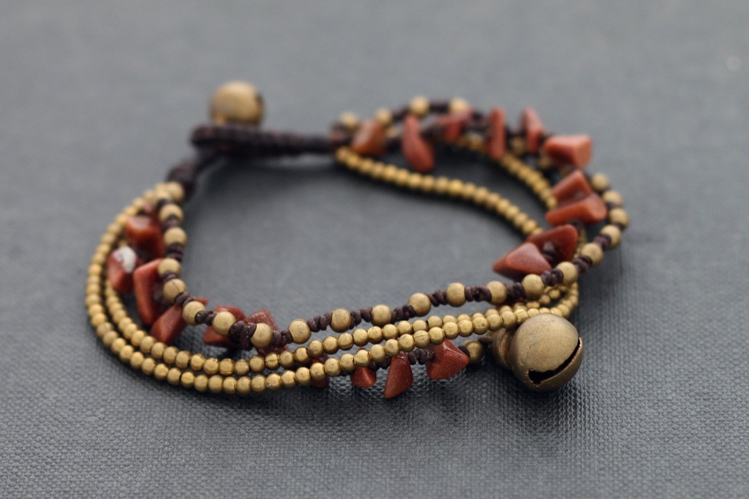Goldstone分层编织手链，多股黄铜石手链，波希米亚吉普赛嬉皮士手链 - 手链/手环 - 石头 咖啡色
