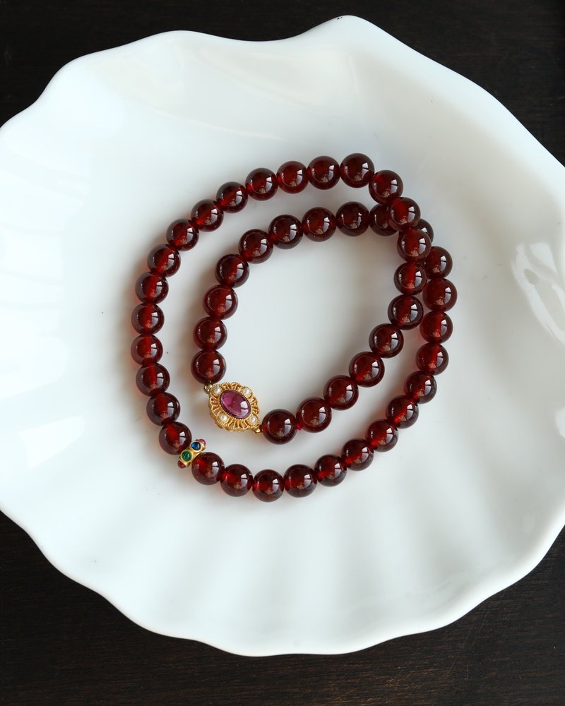 天然原矿石榴石 纯银石榴石万用台设计多圈手串手持s - 手链/手环 - 水晶 红色