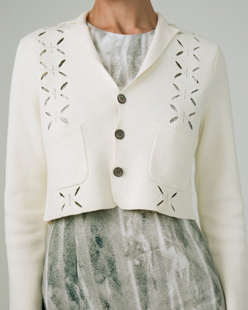 全棉镂空花西装领冷外套 - 女装针织衫/毛衣 - 棉．麻 白色