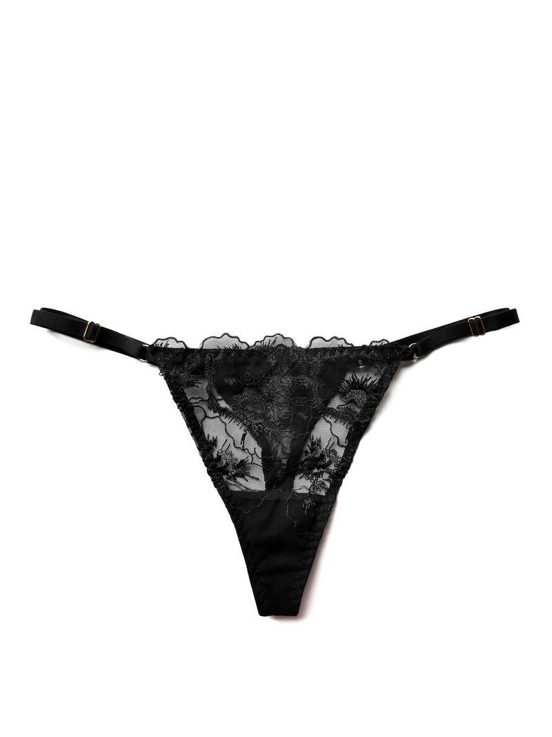 Adjustable straps thong - Floral lace panties - Sexy lingerie - Women underwear - 女士内衣裤 - 聚酯纤维 黑色