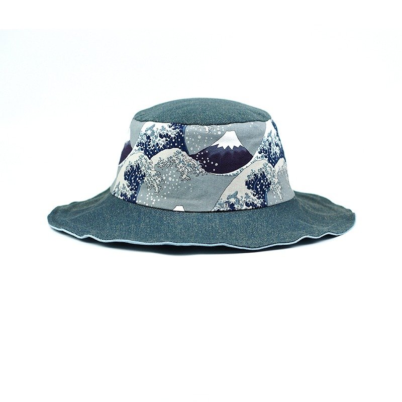 小牛村 Calf Village 男女 手工双面帽 渔夫帽 绅士帽 中性 复古 浮世绘 {金浪富士山}【H-330】 - 帽子 - 棉．麻 灰色