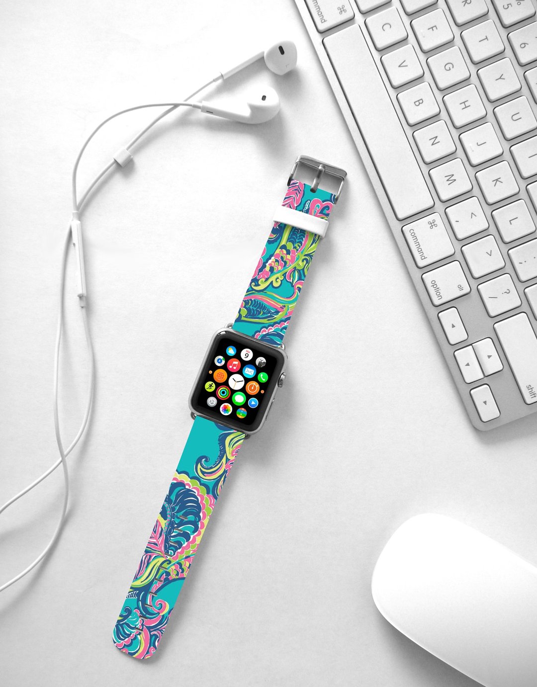 女性水彩画花 Apple Watch band 真皮手表带 38 40 42 44 mm -003 - 表带 - 真皮 绿色