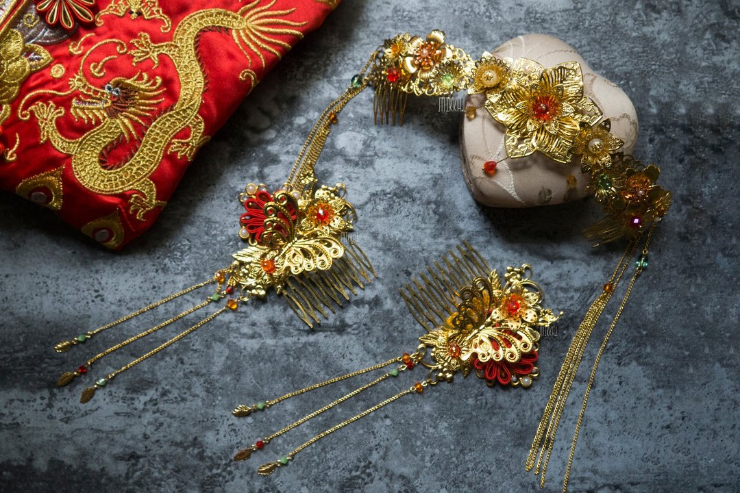 中国风手作饰品 新娘裙褂 中式新娘头饰 凤冠 发插 - 发饰 - 其他金属 金色